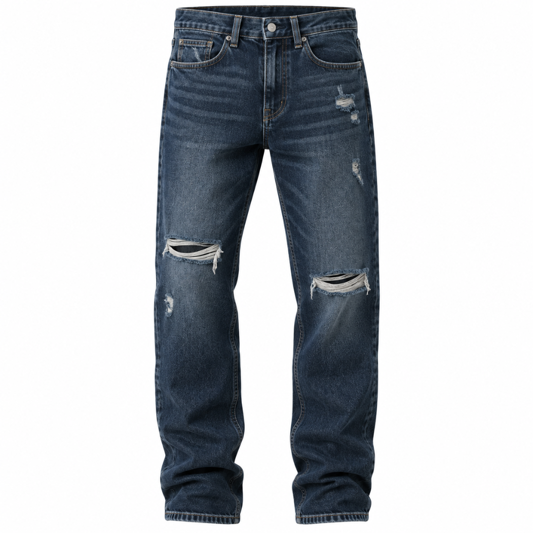 Premium Distressed Straight-Leg Jeans – Dark Indigo | CLENTS RAUKINS