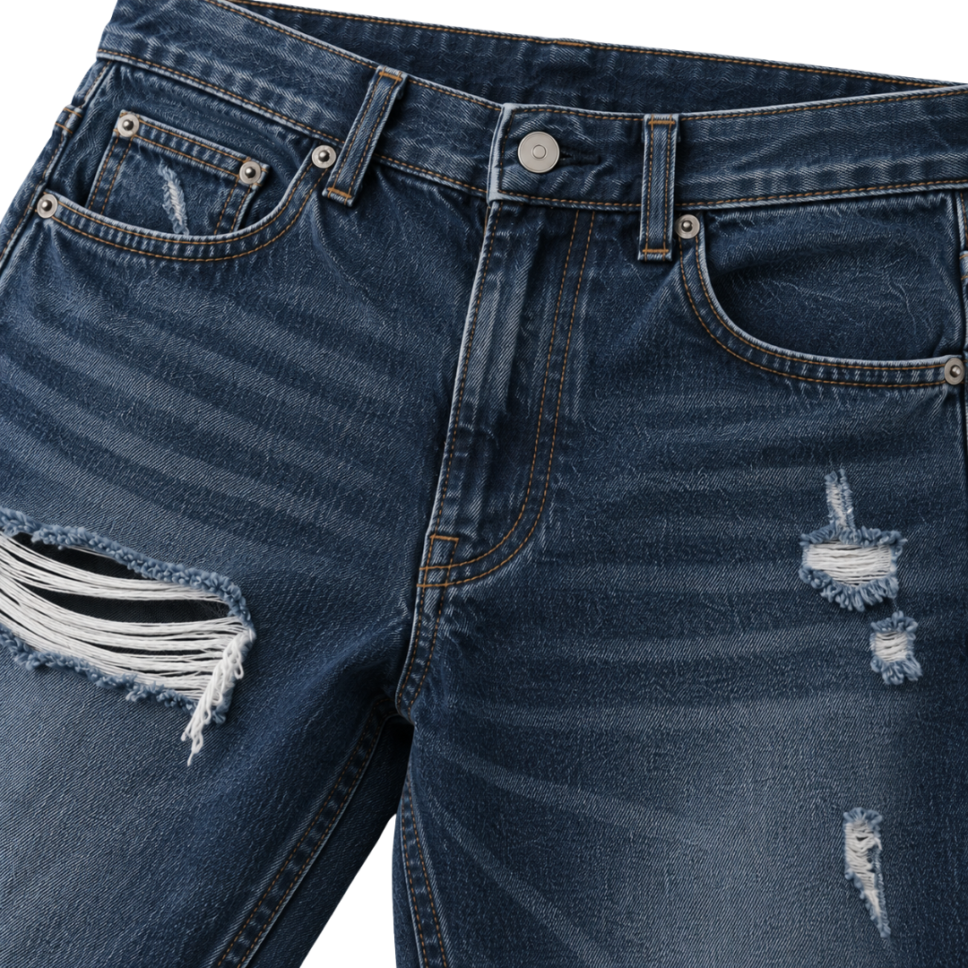 Premium Distressed Straight-Leg Jeans – Dark Indigo | CLENTS RAUKINS