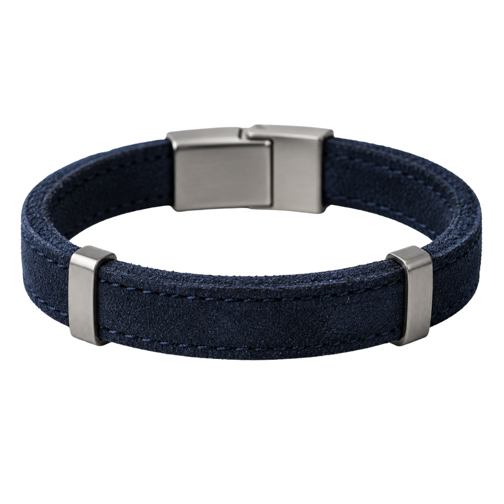 Premium Suede & Brushed Steel Bracelet – Navy Blue | CLENTS RAUKINS