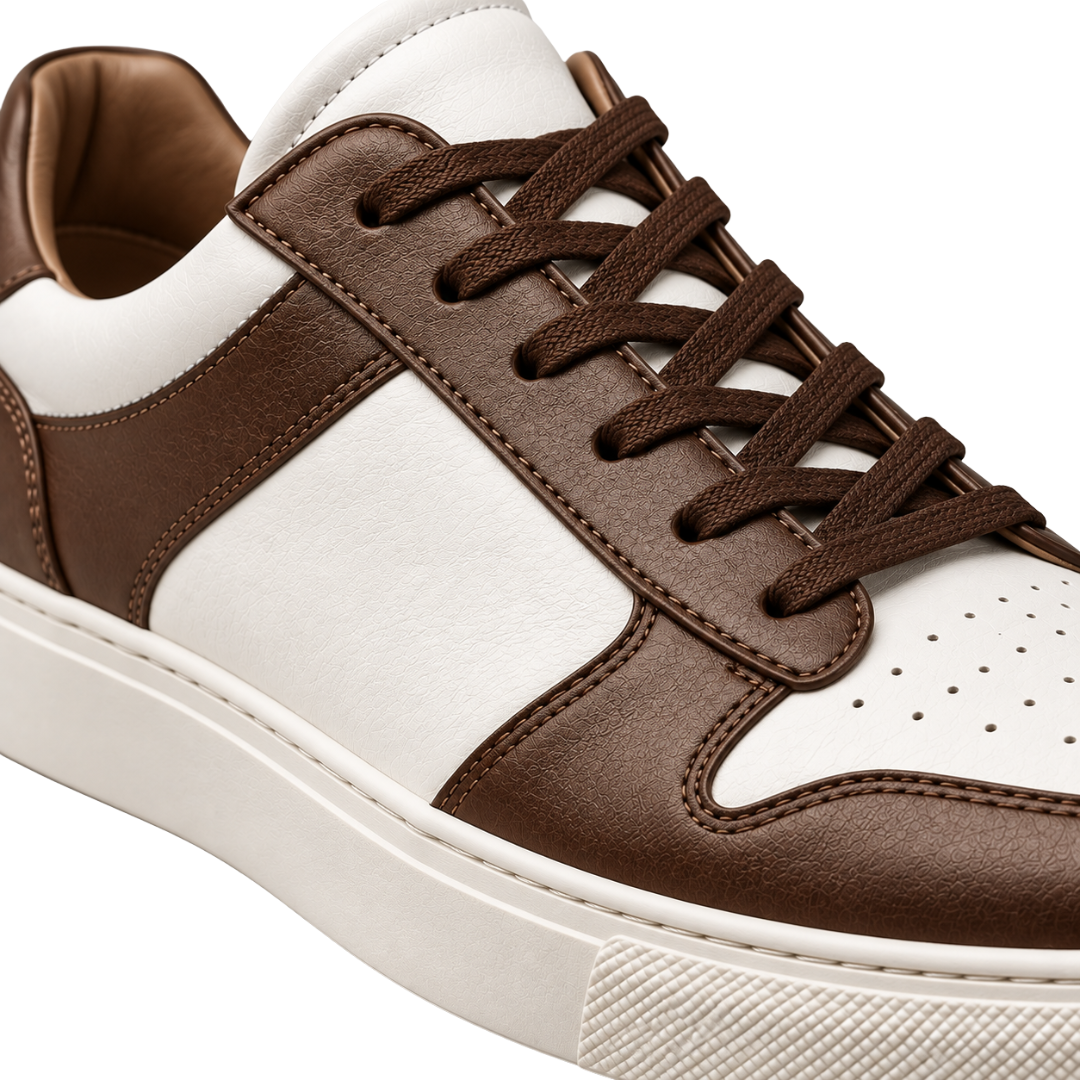 Premium Two-Tone Leather Low-Top Trainers – Brown & White | CLENTS RAUKINS